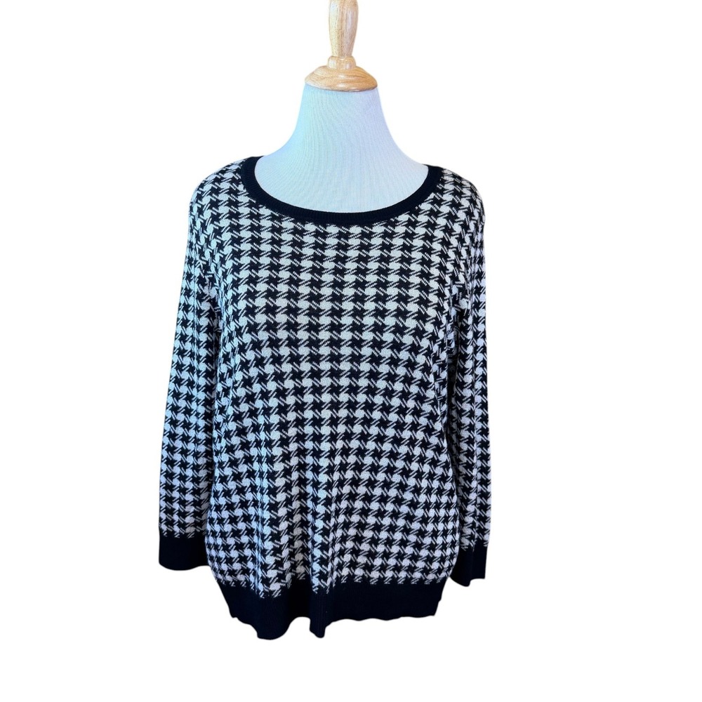 Apt. 9 Womens XL Sweater Black White Houndstooth Metallic 3/4 Sleeve Pullover